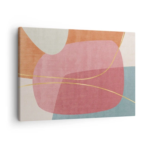 Obraz na płótnie - Abstrakcyjne kształty w pastelowych kolorach z delikatnymi liniami - 70x50cm - Pastelowa kompozycja z nicią złota - Nowoczesna dekoracja ścienna do salonu i sypialni ARTTOR
