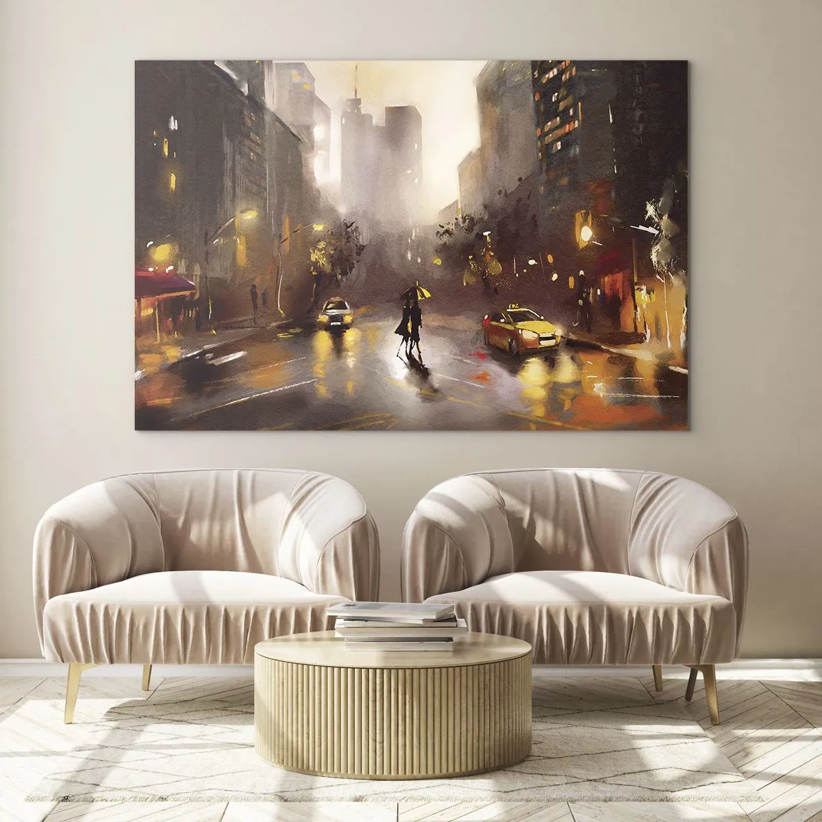 Obraz na szkle - Miasto nocą w deszczu z taksówkami i sylwetką pary - 70x50cm - W światłach Nowego Jorku - Nowoczesna dekoracja ścienna do salonu i sypialni ARTTOR