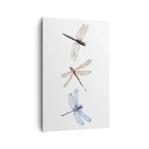 Obraz na płótnie - Trzy ważki w delikatnych pastelowych barwach - 80x120cm - Ważki nieważkie - Nowoczesna dekoracja ścienna do salonu i sypialni ARTTOR