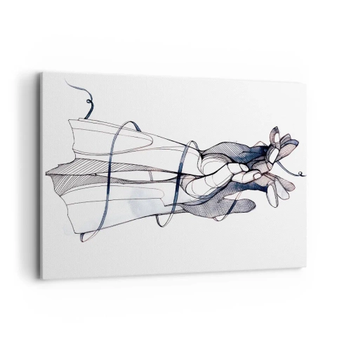 Obraz na płótnie - Subtelny rysunek dłoni z delikatnym kwiatem - 100x70cm - Studium dotyku - Nowoczesna dekoracja ścienna do salonu, kuchni i sypialni ARTTOR