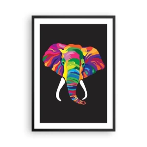 Plakat w czarnej ramie - Kolorowy wizerunek słonia na czarnym tle - 50x70cm - Słoń, który kochał kąpać się w tęczy - Nowoczesna dekoracja ścienna do salonu i sypialni ARTTOR