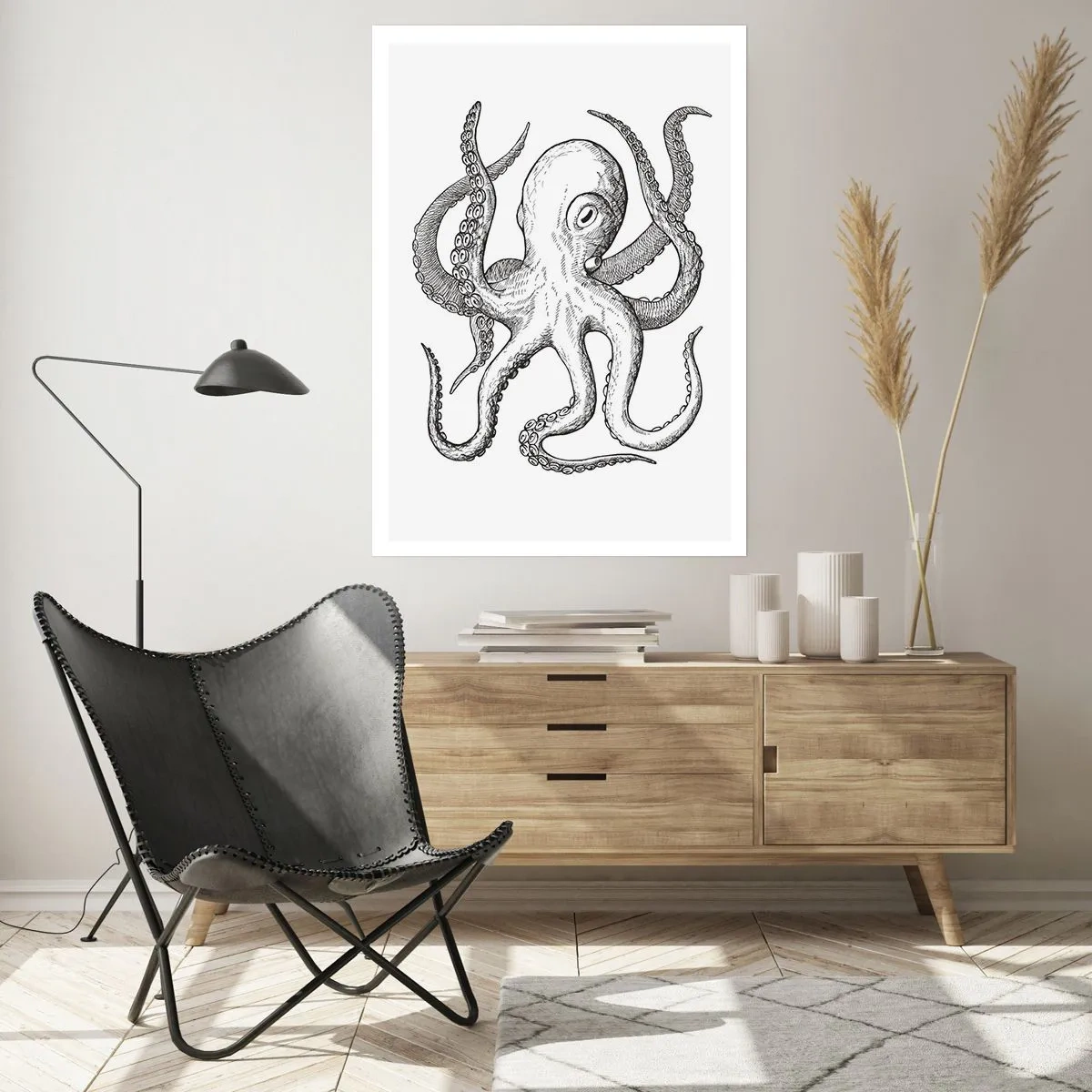 Plakat - Czarno-biała ilustracja ośmiornicy w stylu vintage - 50x70cm - Tańcząca z falami - Nowoczesna dekoracja ścienna do salonu, kuchni i sypialni ARTTOR
