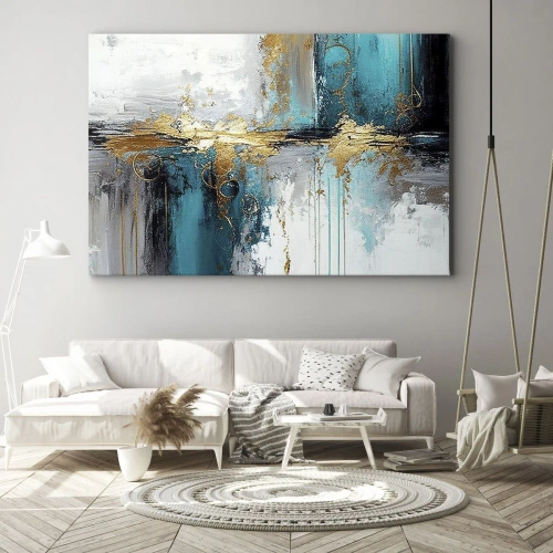 Obraz na płótnie - Wszystko płynie - Abstrakcyjna kompozycja z turkusem i złotymi akcentami - 70x50cm