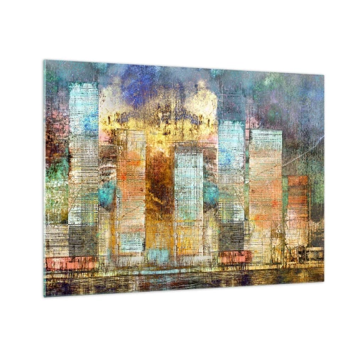 Obraz na szkle - Kolorowa abstrakcyjna panorama miejskich wieżowców w stylu artystycznym - 70x50cm - Słoneczna metropolia - Nowoczesna dekoracja ścienna do salonu i sypialni ARTTOR