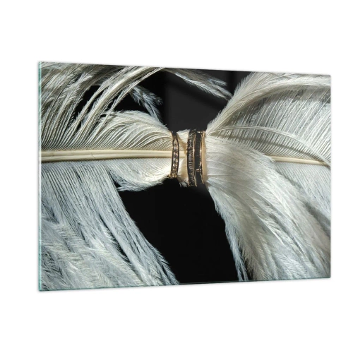Obraz na szkle - Zbliżenie obrączek na białych piórach na czarnym tle - 120x80cm - ...i nie opuszczę Cię… - Nowoczesna dekoracja ścienna do salonu, kuchni i sypialni ARTTOR