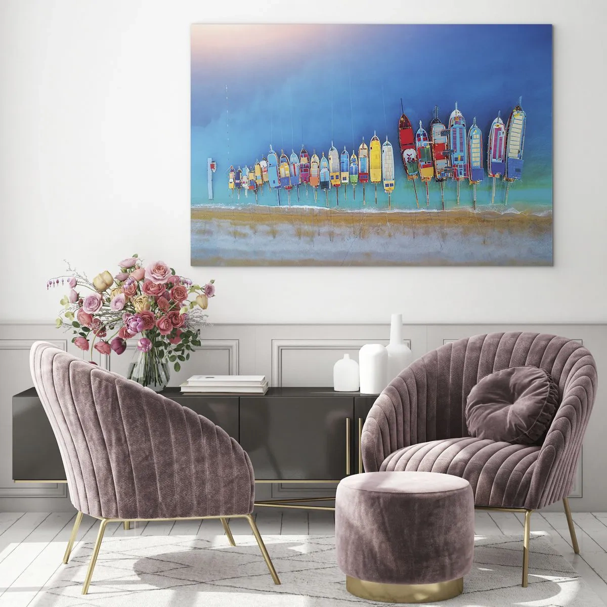Obraz na szkle - Kolorowe łodzie przy brzegu turkusowego morza - 70x50cm - Z lotu ptaka - Nowoczesna dekoracja ścienna do salonu i sypialni ARTTOR