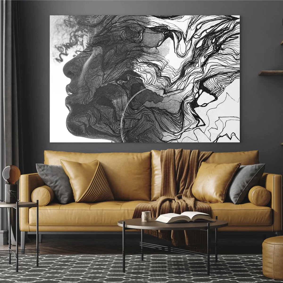 Obraz na szkle - Czarno-biała sylwetka kobiety z abstrakcyjnymi liniami - 100x70cm - Zaplątana w marzeniach - Nowoczesna dekoracja ścienna do salonu, kuchni i sypialni ARTTOR