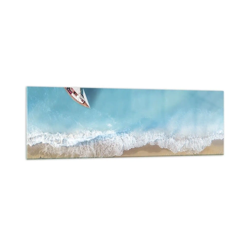 Obraz na szkle - Łódka przy plaży w widoku z lotu ptaka - 160x50cm - Na granicy błękitu i złota - Nowoczesna dekoracja ścienna do salonu i sypialni ARTTOR
