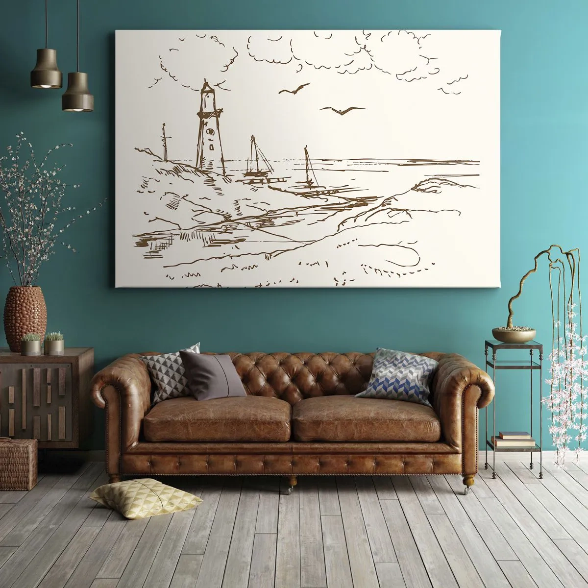 Obraz na płótnie - Szkic latarni morskiej z widokiem na morze - 70x50cm - Zarys wspomnienia lata - Nowoczesna dekoracja ścienna do salonu i sypialni ARTTOR