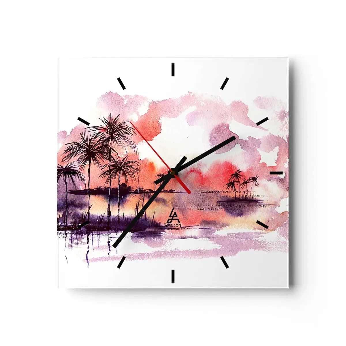 Zegar ścienny - Tropikalny pejzaż z palmami o zachodzie słońca w akwareli - 30x30cm - Spokój tropików w czerwieni - Nowoczesna dekoracja ścienna do salonu i sypialni ARTTOR