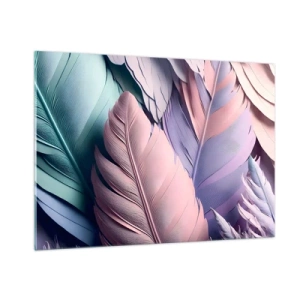Obraz na szkle - Pastelowe pióra w odcieniach różu, fioletu i turkusu - 100x70cm - Ptasi szyk - Nowoczesna dekoracja ścienna do salonu, kuchni i sypialni ARTTOR