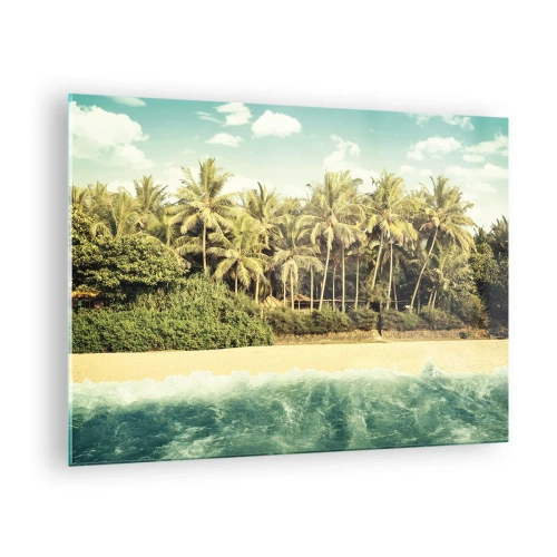 Obraz na szkle - Egzotyczna plaża z palmami i turkusowym morzem w słoneczny dzień - 70x50cm - A może tutaj? - Nowoczesna dekoracja ścienna do salonu i sypialni ARTTOR