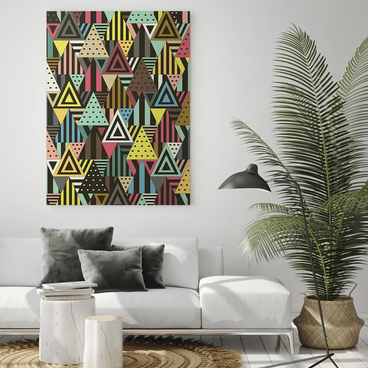 Obraz na szkle - Abstrakcyjna kompozycja z trójkątami w intensywnych kolorach - 50x70cm - W rytmie na trzy - Nowoczesna dekoracja ścienna do salonu, kuchni i sypialni ARTTOR