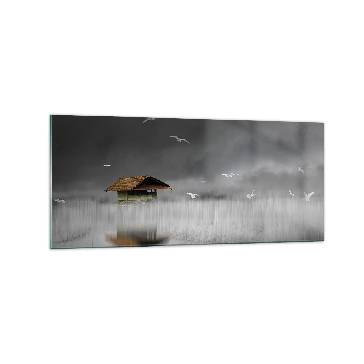 Obraz na szkle - Samotna chata na wodzie otoczona mgłą i ptakami - 120x50cm - Schronienie przed deszczem - Nowoczesna dekoracja ścienna do salonu i sypialni ARTTOR