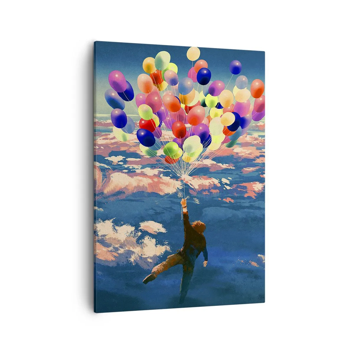 Obraz na płótnie - Mężczyzna unoszący się w powietrzu na balonach - 50x70cm - Spełnione marzenie dzieciństwa - Nowoczesna dekoracja ścienna do salonu, kuchni i sypialni ARTTOR