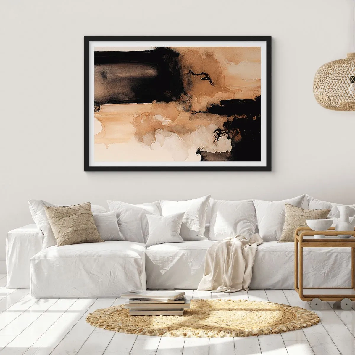 Plakat w czarnej ramie - Abstrakcyjna kompozycja w odcieniach brązu i czerni - 100x70cm - Abstrakcja intrygująca - Nowoczesna dekoracja ścienna do salonu i sypialni ARTTOR