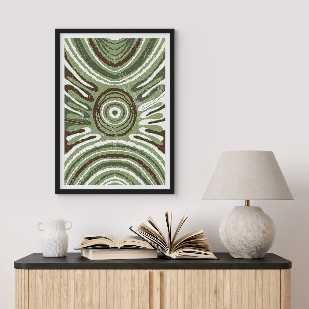 Plakat w czarnej ramie - Symetryczny wzór abstrakcyjny w odcieniach zieleni - 50x70cm - Eksplozja emocji - Nowoczesna dekoracja ścienna do salonu i sypialni ARTTOR