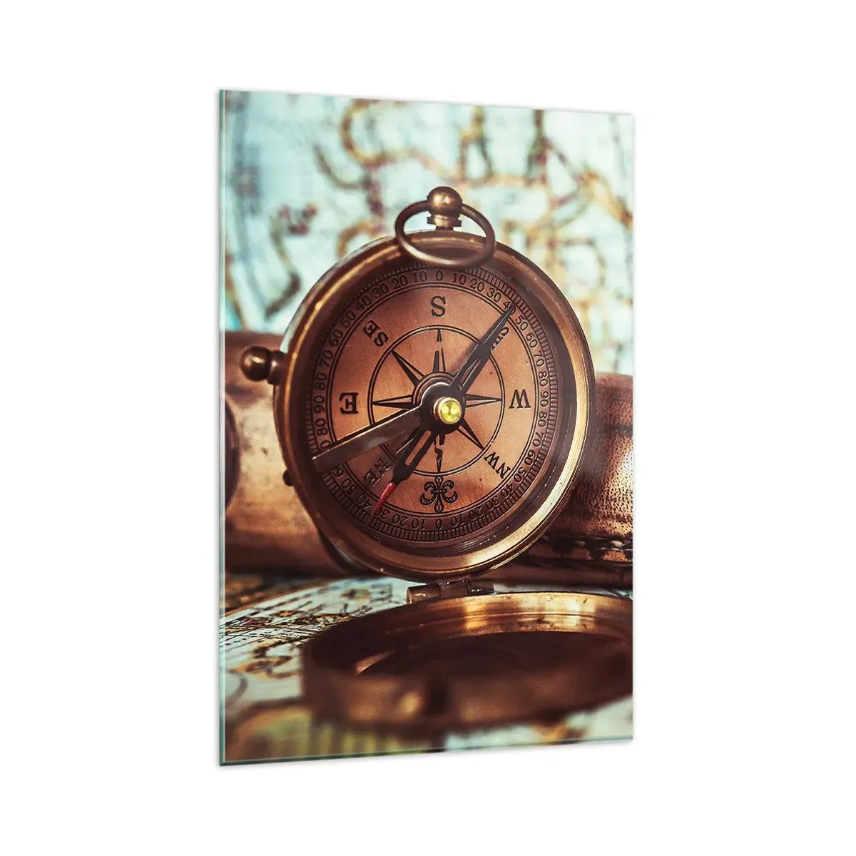 Obraz na szkle - Zestaw retro z kompasem, lunetą i mapą w klimacie podróżniczym - 80x120cm - Piracka przygoda na Karaibach czeka - Nowoczesna dekoracja ścienna do salonu i sypialni ARTTOR