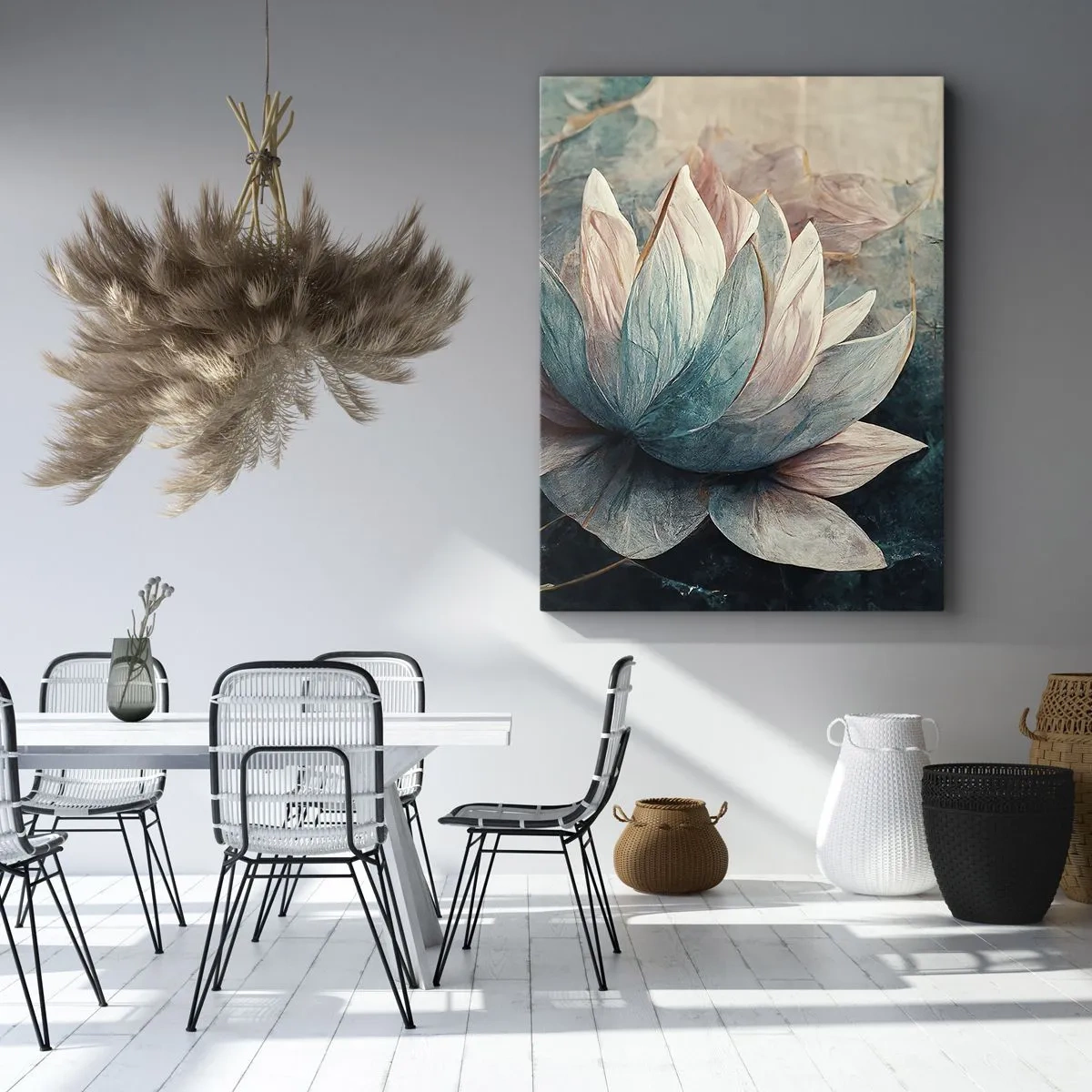 Obraz na płótnie - Delikatny kwiat lotosu w pastelowych odcieniach błękitu i różu - 50x70cm - Gwiazdy jeziora - Nowoczesna dekoracja ścienna do salonu, kuchni i sypialni ARTTOR