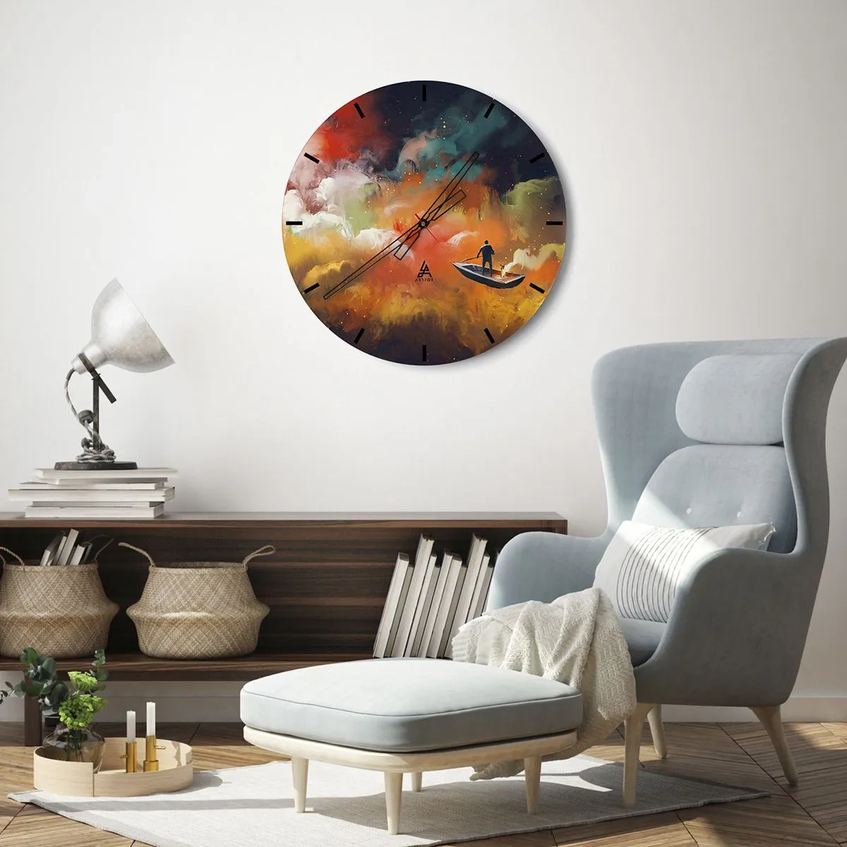 Zegar ścienny - Postać na łodzi w surrealistycznym, kolorowym pejzażu - 30x30cm - Łodzią przez galaktykę - Nowoczesna dekoracja ścienna do salonu, kuchni i sypialni ARTTOR
