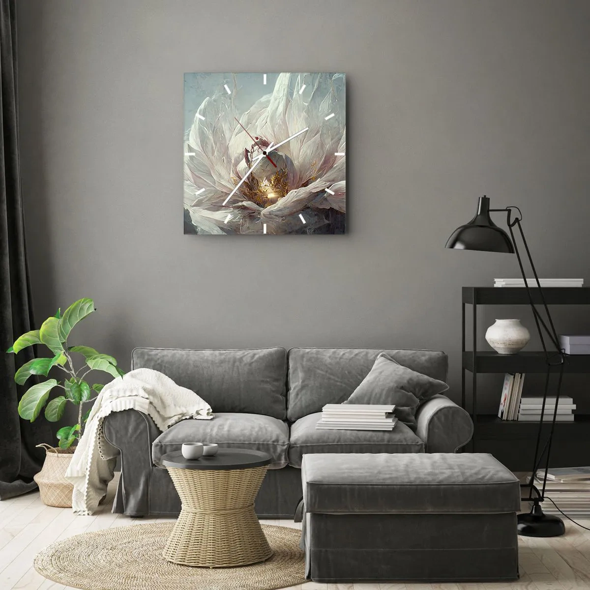 Zegar ścienny - Delikatny biały kwiat z subtelnymi złotymi akcentami - 30x30cm - Rozkwita raz na sto lat - Nowoczesna dekoracja ścienna do salonu i sypialni ARTTOR
