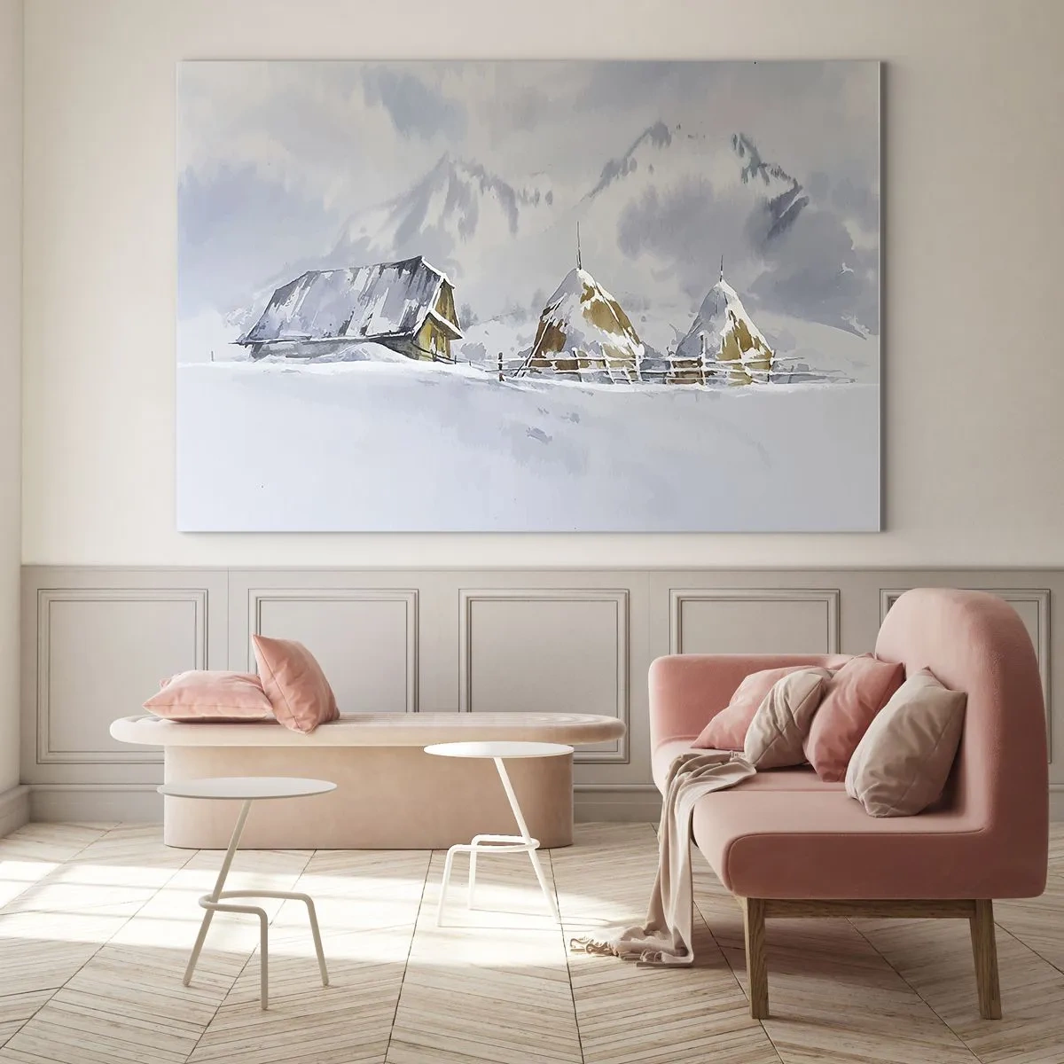 Obraz na szkle - Zimowy krajobraz z chatą i stogami siana w górach - 70x50cm - W śnieżnej kotlinie - Nowoczesna dekoracja ścienna do salonu i sypialni ARTTOR