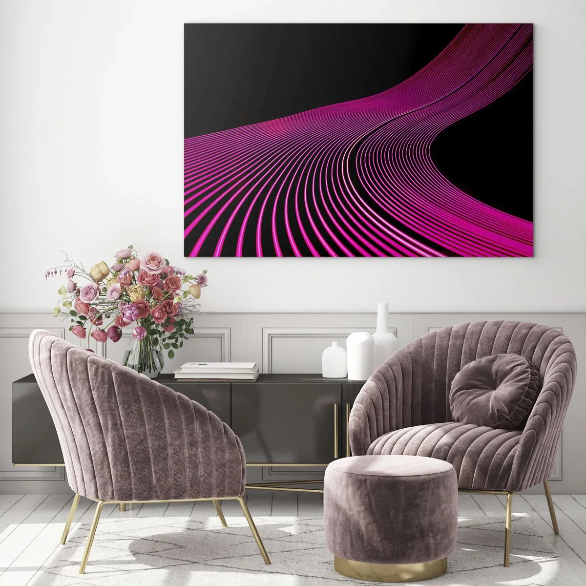 Obraz na szkle - Różowe świetlne linie na czarnym tle - 70x50cm - Aleja światła - Nowoczesna dekoracja ścienna do salonu i sypialni ARTTOR