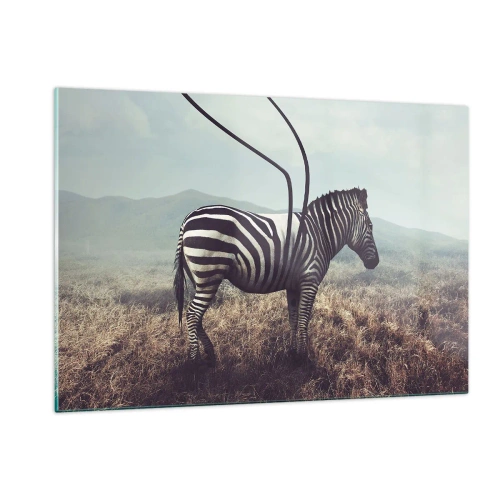 Obraz na szkle - Zebra na tle trawy z surrealistycznym detalem anten - 120x80cm - Uwaga! Usterka - Nowoczesna dekoracja ścienna do salonu, kuchni i sypialni ARTTOR