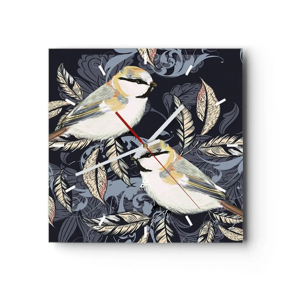 Zegar ścienny - Ptaki na gałęziach w ornamentowym tle - 30x30cm - Żółto-błękitny trel - Nowoczesna dekoracja ścienna do salonu i sypialni ARTTOR