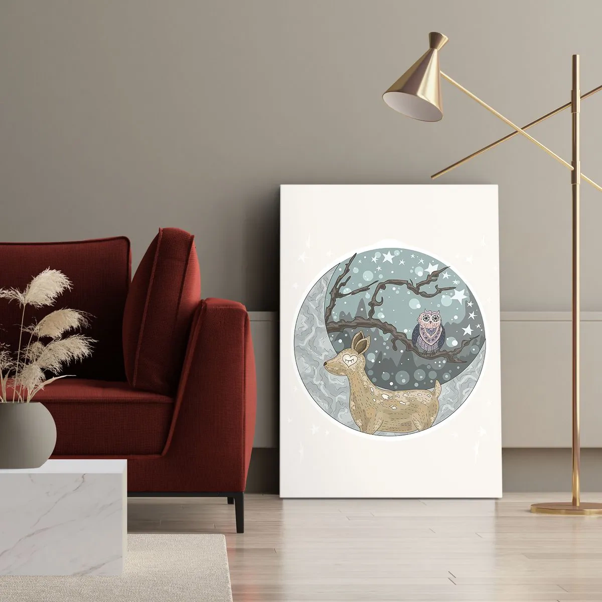 Obraz na płótnie - Jeleń i sowa w bajkowym krajobrazie nocnym - 80x120cm - Bajkowa, leśna noc - Nowoczesna dekoracja ścienna do salonu i sypialni ARTTOR