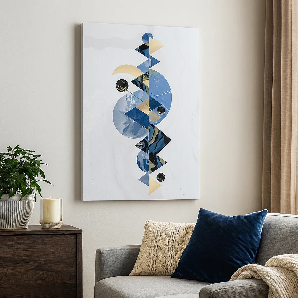 Obraz na płótnie - Abstrakcyjna kompozycja geometryczna z elementami pejzażu w odcieniach niebieskiego i złota - 50x70cm - Pejzaż geometryczny - Nowoczesna dekoracja ścienna do salonu, kuchni i sypialni ARTTOR