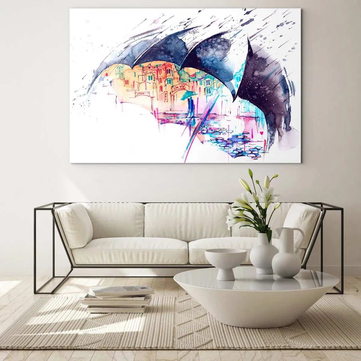 Obraz na szkle - Kolorowe miasto w tle pod czarnym parasolem - 100x70cm - Spacer w deszczu - Nowoczesna dekoracja ścienna do salonu, kuchni i sypialni ARTTOR