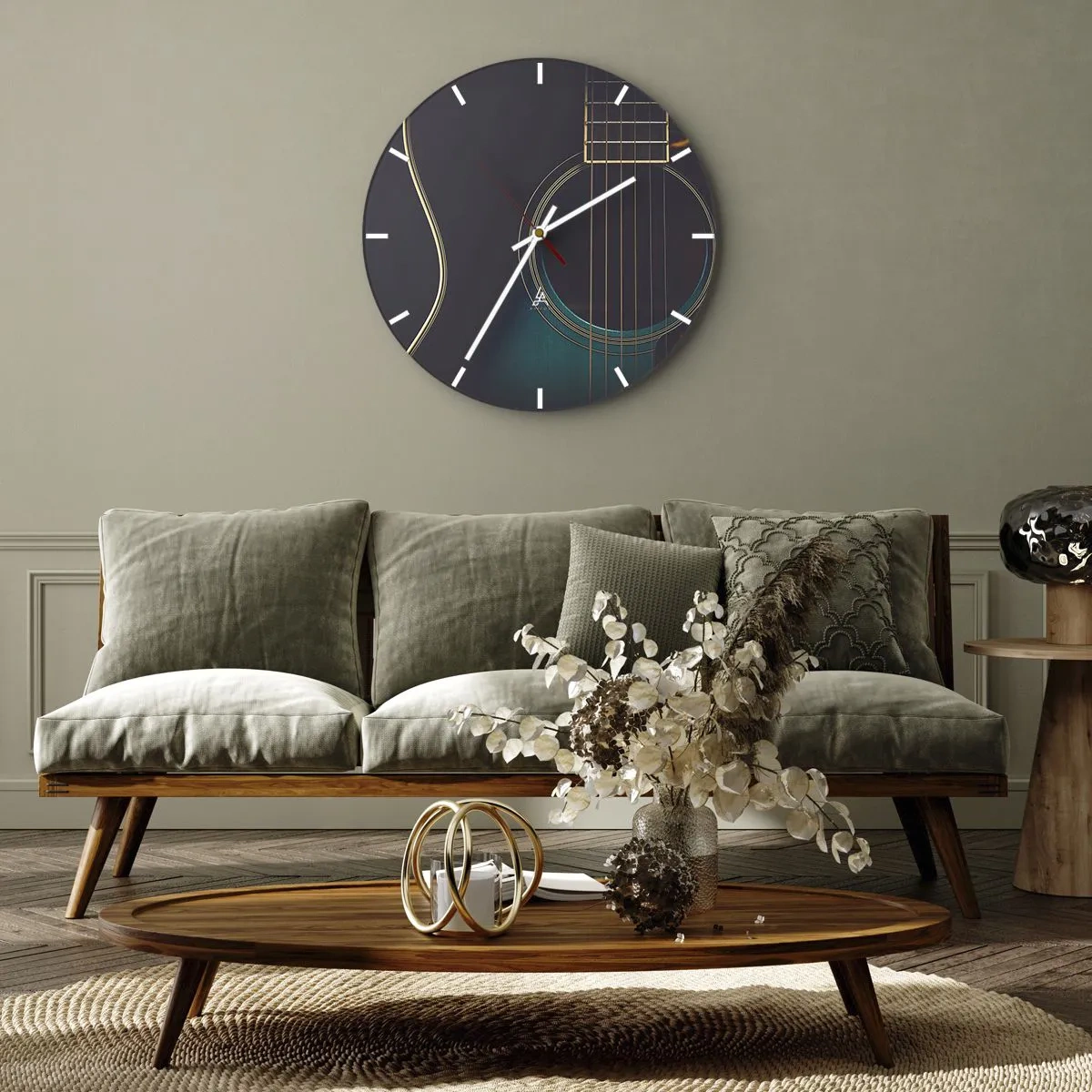 Zegar ścienny - Detal pudła rezonansowego gitary akustycznej - 30x30cm - Chwila zanim zabrzmi - Nowoczesna dekoracja ścienna do salonu, kuchni i sypialni ARTTOR