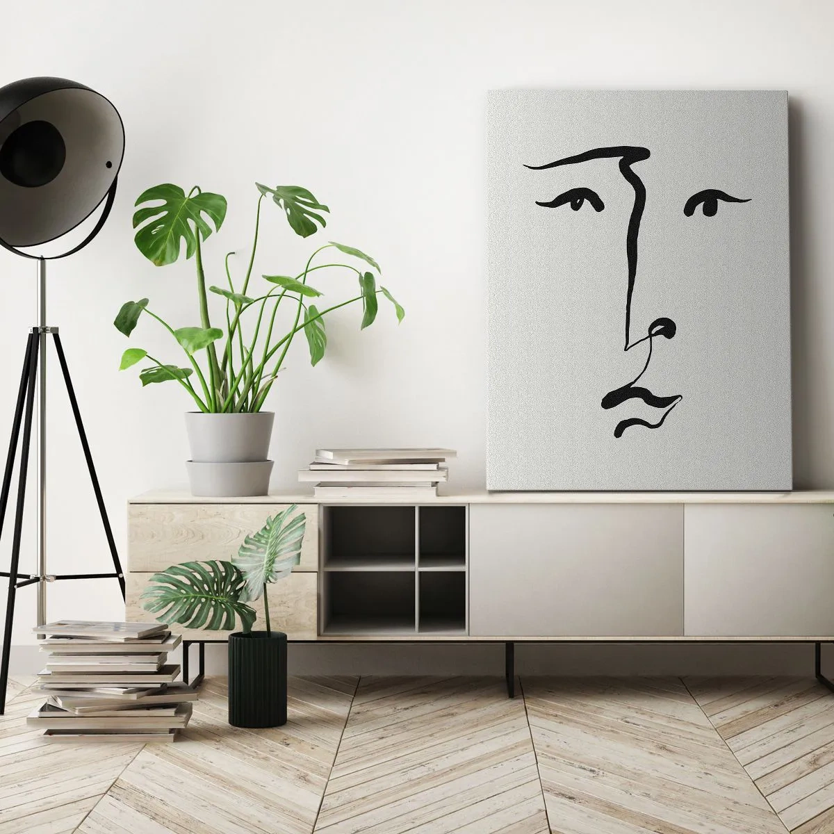 Obraz na płótnie - Minimalistyczna abstrakcyjna twarz wykonana czarną linią na jasnym tle - 50x70cm - Portret jedną kreską - Nowoczesna dekoracja ścienna do salonu, kuchni i sypialni ARTTOR