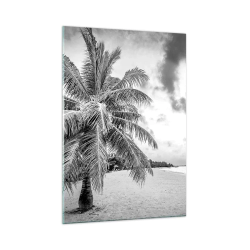 Obraz na szkle - Czarno-biała palma na pustej plaży o zachmurzonym niebie - 50x70cm - Gdy tęsknisz do samotności… - Nowoczesna dekoracja ścienna do salonu, kuchni i sypialni ARTTOR