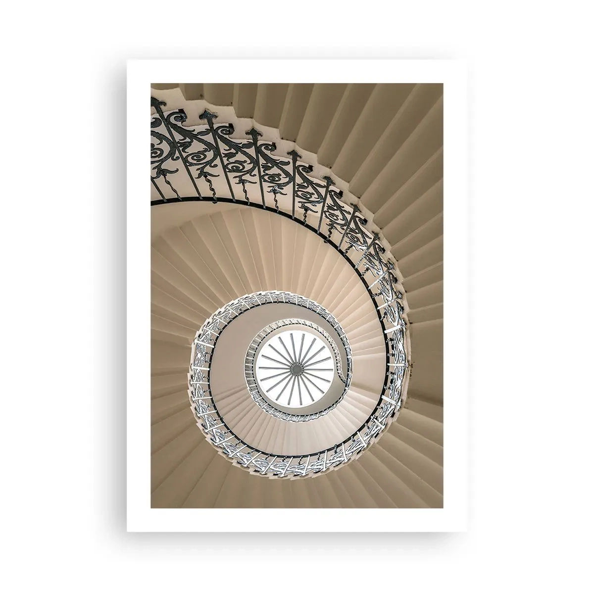 Plakat - Fotografia spiralnych schodów z dekoracyjną balustradą - 50x70cm - W środku muszli - Nowoczesna dekoracja ścienna do salonu, kuchni i sypialni ARTTOR