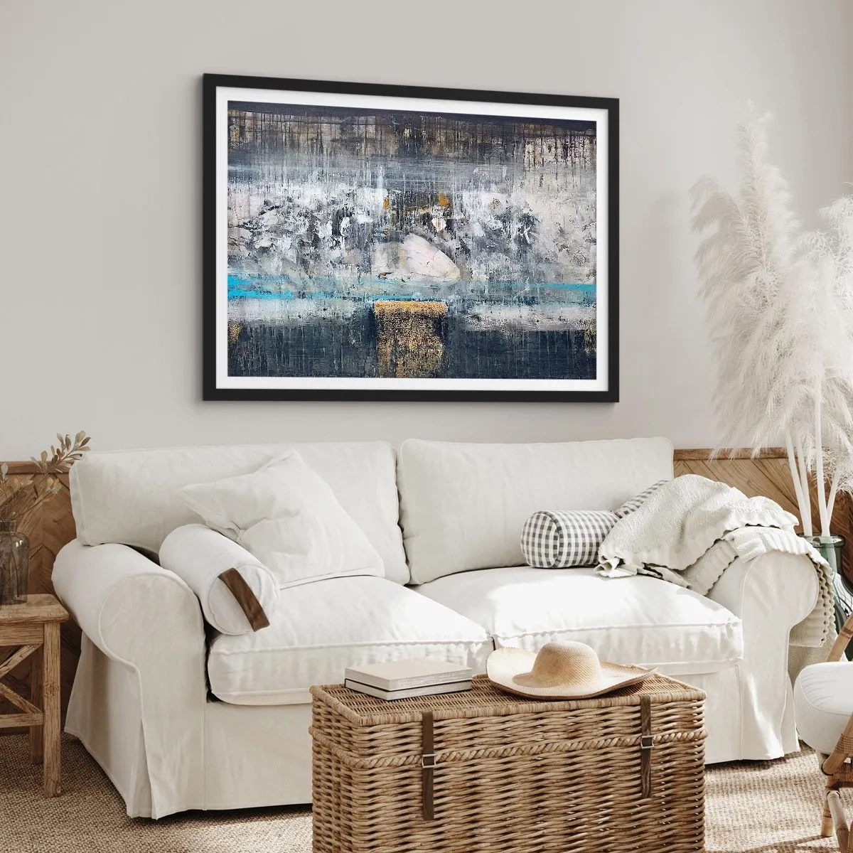 Plakat w czarnej ramie - Abstrakcyjna kompozycja w chłodnych tonacjach - 100x70cm - Jak po lodzie, jak po grudzie - Nowoczesna dekoracja ścienna do salonu i sypialni ARTTOR