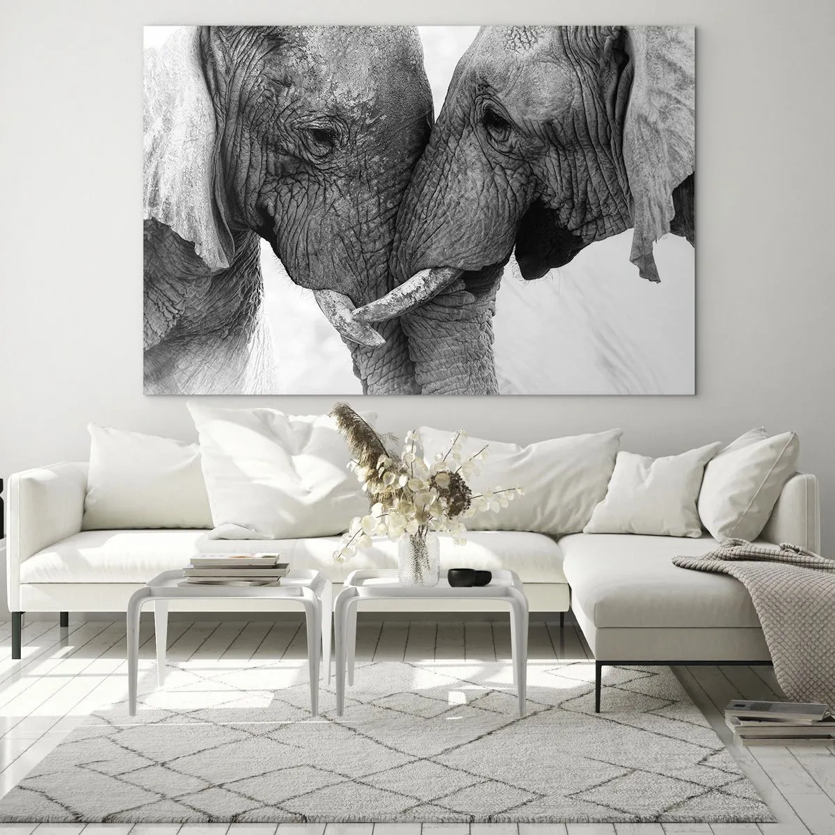 Obraz na szkle - Dwa słonie stykające się czołami w czerni i bieli - 70x50cm - Serdeczne wyznanie - Nowoczesna dekoracja ścienna do salonu i sypialni ARTTOR