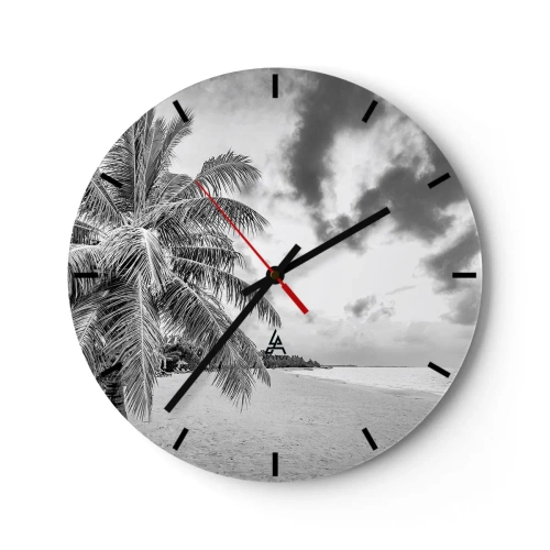 Zegar ścienny - Plaża z palmami w czarno-białej tonacji - 30x30cm - Gdy tęsknisz do samotności… - Nowoczesna dekoracja ścienna do salonu, kuchni i sypialni ARTTOR