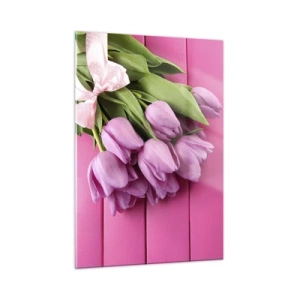 Obraz na szkle - Bukiet różowych tulipanów na drewnianym tle - 50x70cm - Właśnie dla ciebie - Nowoczesna dekoracja ścienna do salonu, kuchni i sypialni ARTTOR