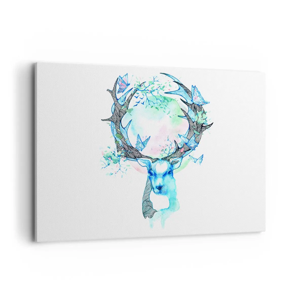 Obraz na płótnie - Fantazyjna grafika jelenia z motywem natury i motyli - 100x70cm - Siła i delikatność natury - Nowoczesna dekoracja ścienna do salonu, kuchni i sypialni ARTTOR