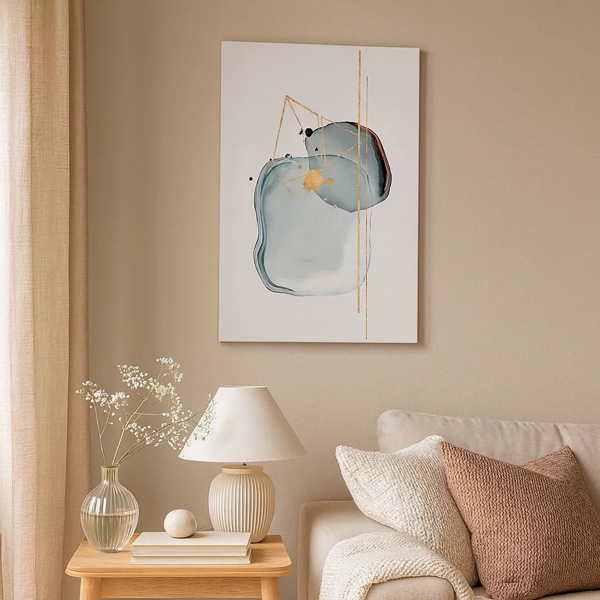 Obraz na płótnie - Abstrakcyjna akwarelowa plama z geometrycznymi złotymi liniami - 50x70cm - Studium kropli - Nowoczesna dekoracja ścienna do salonu, kuchni i sypialni ARTTOR