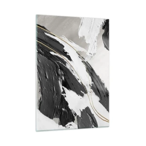 Obraz na szkle - Dynamiczne pociągnięcia czerni i bieli ze złotym akcentem - 50x70cm - Abstrakcja z rozmachem - Nowoczesna dekoracja ścienna do salonu, kuchni i sypialni ARTTOR