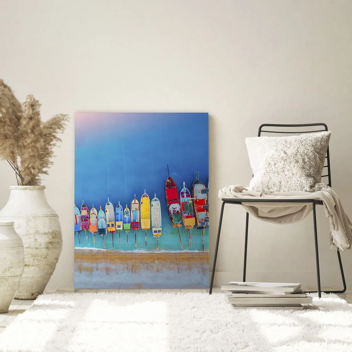 Obraz na szkle - Kolorowe łodzie ustawione w rząd nad brzegiem - 70x100cm - Z lotu ptaka - Nowoczesna dekoracja ścienna do salonu i sypialni ARTTOR