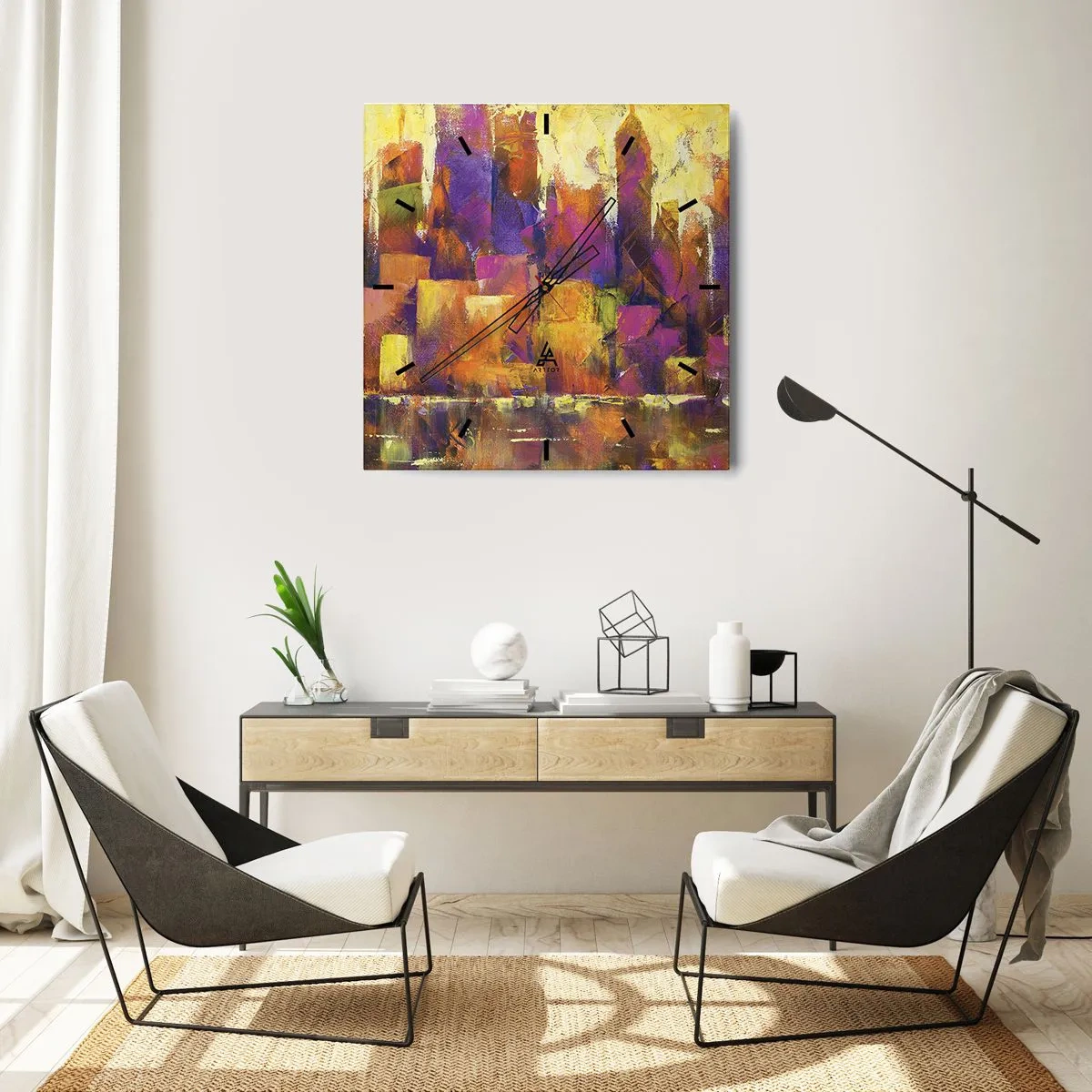 Zegar ścienny - Abstrakcyjna kompozycja metropolii w odcieniach żółci i fioletu - 30x30cm - Kompozycja metropolitalna - Nowoczesna dekoracja ścienna do salonu i sypialni ARTTOR