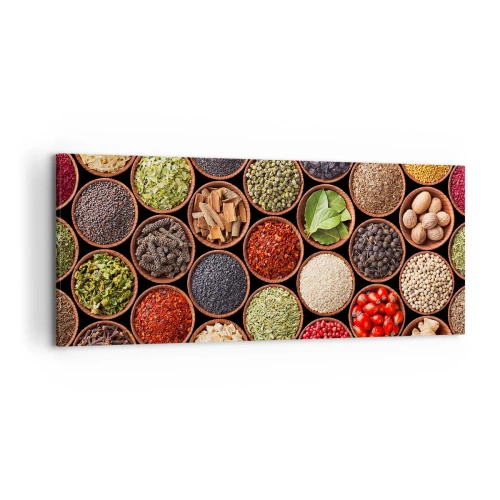 Obraz na płótnie - Kolorowe przyprawy w okrągłych pojemnikach - 120x50cm - Wszystkie smaki świata - Nowoczesna dekoracja ścienna do salonu i sypialni ARTTOR