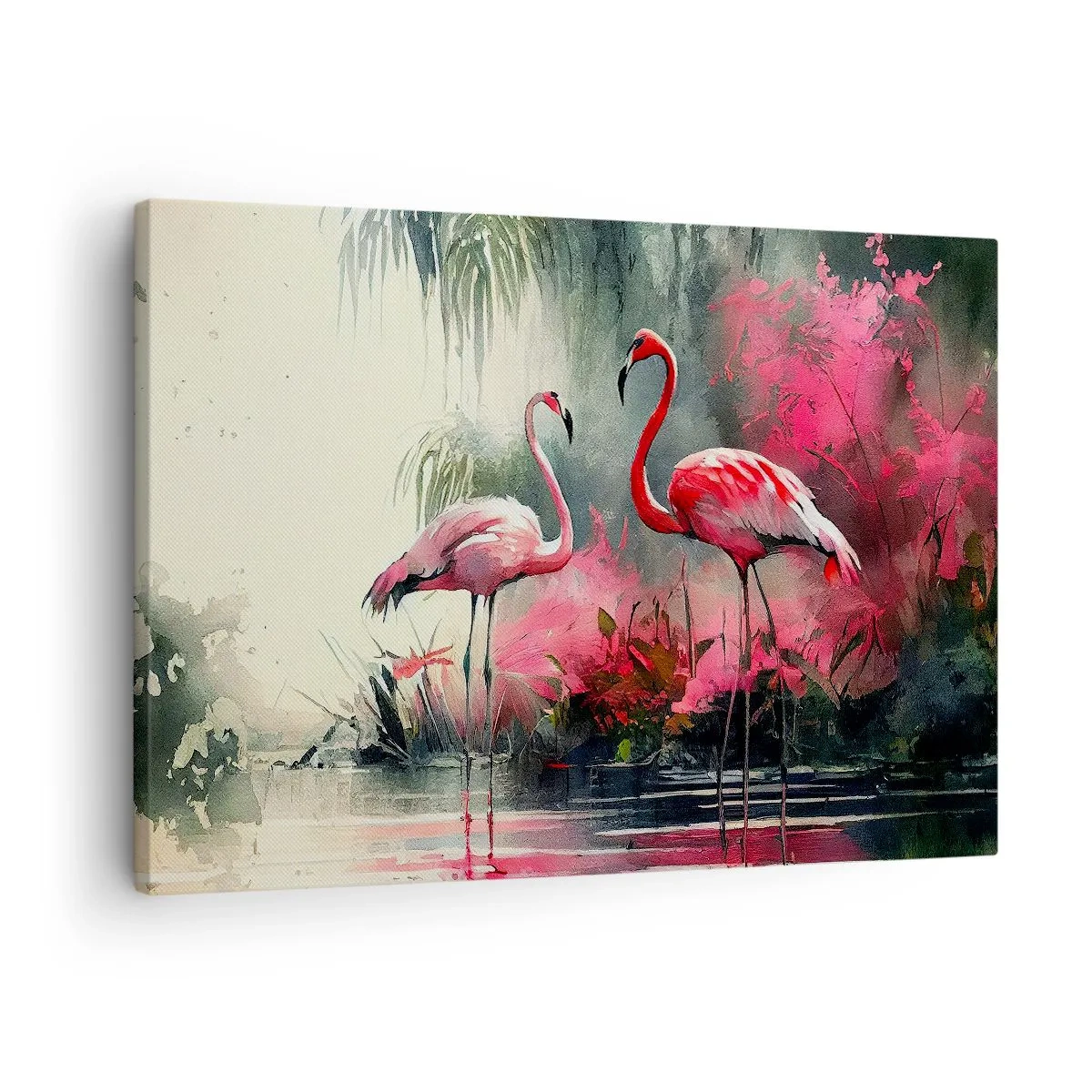 Obraz na płótnie - Flamingi nad wodą w otoczeniu roślinności - 70x50cm - Lekcja naturalnego wdzięku - Nowoczesna dekoracja ścienna do salonu i sypialni ARTTOR