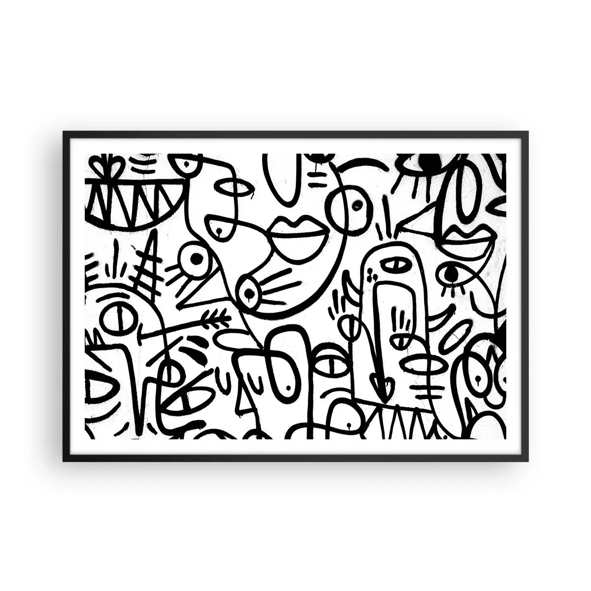 Plakat w czarnej ramie - Czarno-białe abstrakcyjne rysunki z motywami twarzy - 100x70cm - Twarze i miraże - Nowoczesna dekoracja ścienna do salonu i sypialni ARTTOR