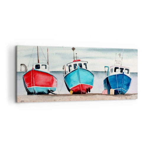 Obraz na płótnie - Kolorowe łodzie rybackie na brzegu w morskiej scenerii - 120x50cm - Gotowe na połów - Nowoczesna dekoracja ścienna do salonu i sypialni ARTTOR