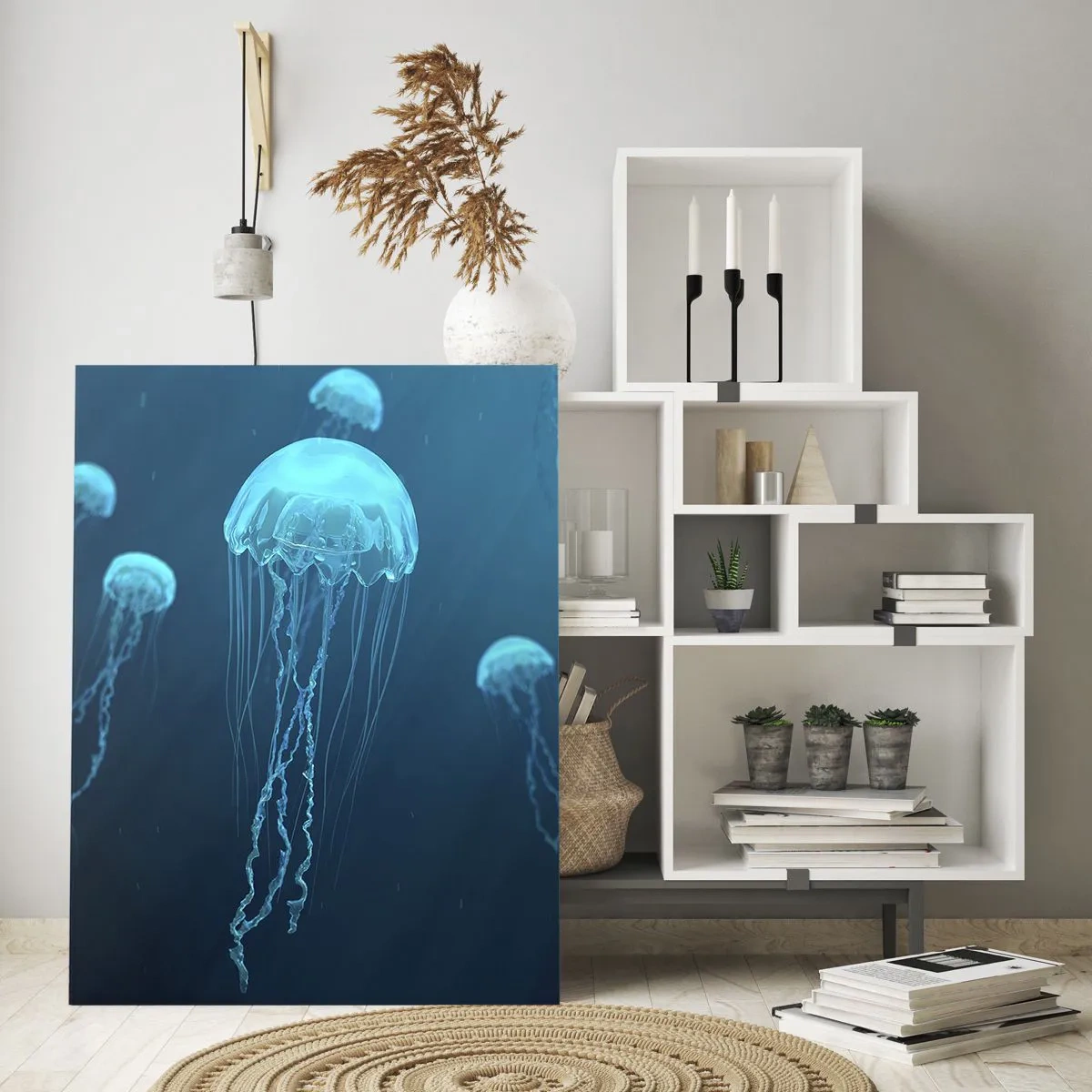 Obraz na szkle - Meduzy unoszące się w błękitnej głębi oceanu - 50x70cm - Oceaniczny taniec - Nowoczesna dekoracja ścienna do salonu, kuchni i sypialni ARTTOR